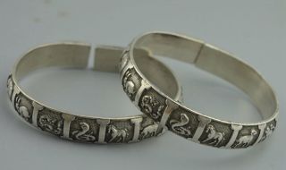 Collectable Handwork Decor Miao Silver Carve 12 Zodiac Souvenir Pair Bracelets