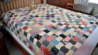 Antique 1800s Hand Stitched Calico Apple Core Quilt With Best Homespun Backing