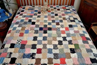 Antique 1800s Hand Stitched Calico Apple Core Quilt with Best Homespun Backing 2