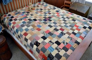 Antique 1800s Hand Stitched Calico Apple Core Quilt with Best Homespun Backing 5