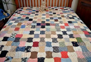 Antique 1800s Hand Stitched Calico Apple Core Quilt with Best Homespun Backing 7