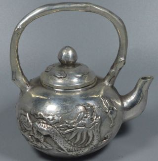 Collectable Souvenir Old Unique Miao Silver Carve Dragon Phoenix Ancient Teapot