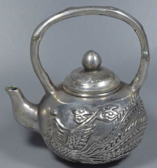 Collectable Souvenir Old Unique Miao Silver Carve Dragon Phoenix Ancient Teapot 2