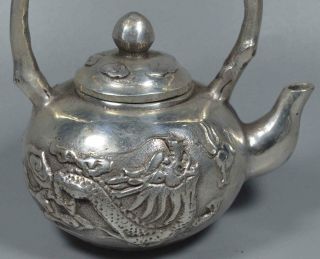Collectable Souvenir Old Unique Miao Silver Carve Dragon Phoenix Ancient Teapot 3