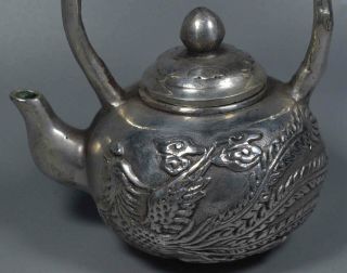 Collectable Souvenir Old Unique Miao Silver Carve Dragon Phoenix Ancient Teapot 4