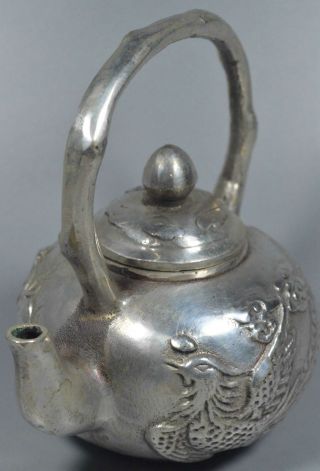 Collectable Souvenir Old Unique Miao Silver Carve Dragon Phoenix Ancient Teapot 5