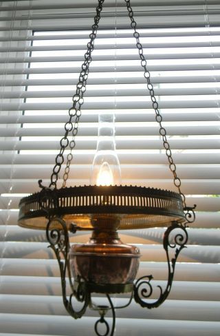 Large Copper and Brass Victorian Ships Hanging Oil Lamp Converted To Electric 2