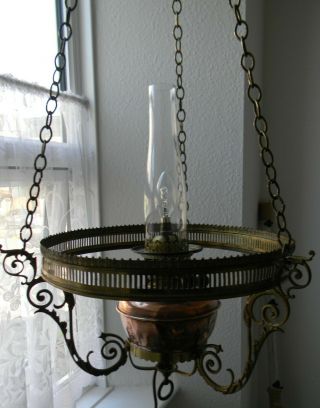 Large Copper and Brass Victorian Ships Hanging Oil Lamp Converted To Electric 3