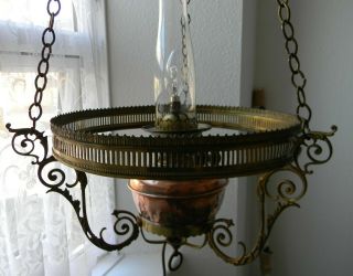 Large Copper and Brass Victorian Ships Hanging Oil Lamp Converted To Electric 5