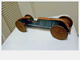 Antique Wood Racing Car With Metal Bells For Wheels Old Blue Paint
