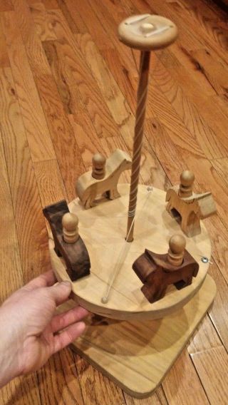 Vintage HANDCRAFTED Wood Toy Wind up string Carousel Children Decorative 4