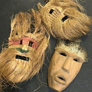 Vtg 3pc Straw Woven Wood Ceremonial Dance Folk Art Mask Sculpture