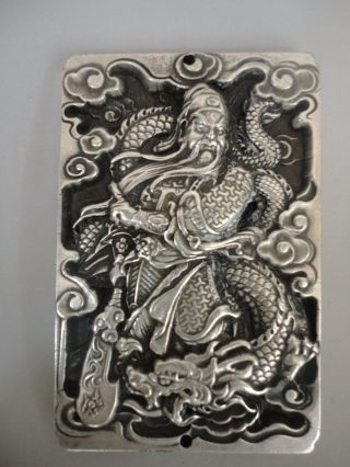 Collected Ancient China Tibet Silver Carving Guan Yu God Wealth Amulet Pendant