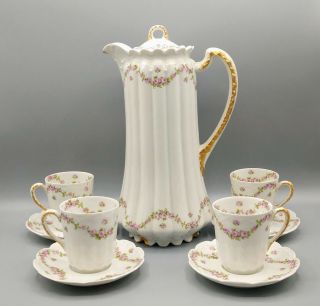 Haviland Limoges Chocolate Pot With 4 Cups With Saucers - Gold Trimmed - 1903