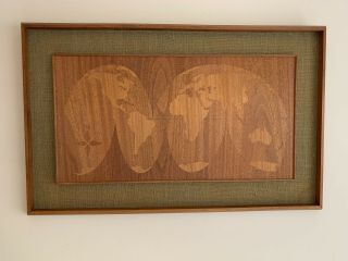 Swank Vtg Mid Century Modern Inlaid Wood World Map Burlap Wall Hanging Marquetry