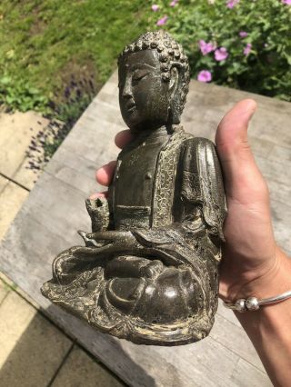 CHINESE MING DYNASTY BRONZE BUDDHA TRACES OF GILT AND LACQUER 12