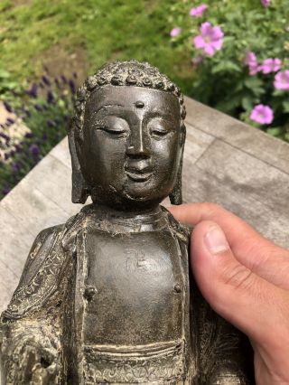 CHINESE MING DYNASTY BRONZE BUDDHA TRACES OF GILT AND LACQUER 3