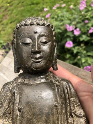 CHINESE MING DYNASTY BRONZE BUDDHA TRACES OF GILT AND LACQUER 6