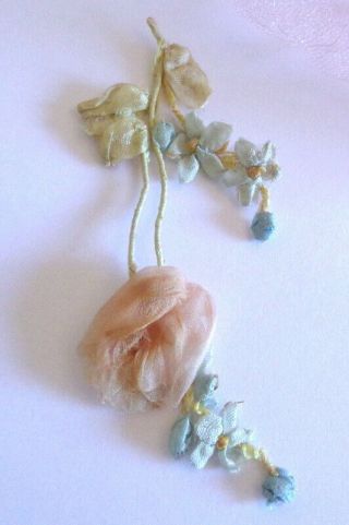 Victorian French Silk Ribbonwork Pink Rose Tiny Forget Me Nots On Stem