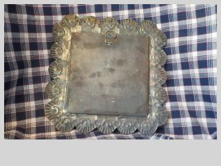 Primitive Small Mirror Tin Black Scalloped 7 1/2 inches Farmhouse Antique Late 1 5