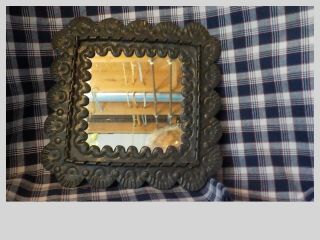 Primitive Small Mirror Tin Black Scalloped 7 1/2 inches Farmhouse Antique Late 1 8