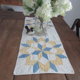 Early Blue & Yellow Antique Table Runner Quilt 27x11 " Broken Star