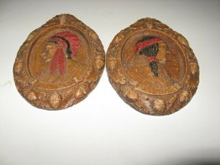 Two Very Old Carved Indian Plaques With Notes Written Backs And Hand Painted
