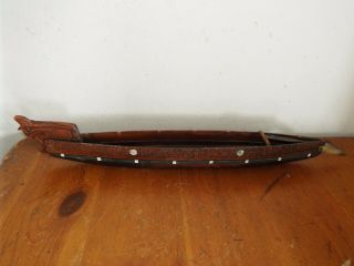 Vintage Carved Wooden Canoe / Boat Ethnic/tribal 54cm Long Mother Of Pearl