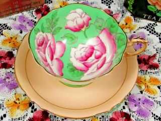 Rare Paragon Pink Cabbage Roses Green Ground Chintz Tea Cup & Saucer