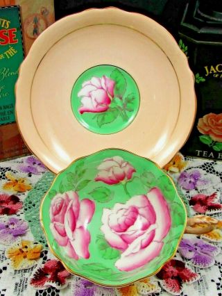 RARE PARAGON PINK CABBAGE ROSES GREEN GROUND CHINTZ TEA CUP & SAUCER 2