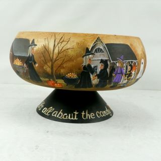 Halloween Wood Pedestal Candy Bowl Hand Painted Folk Art Witch Costumes Rjpe
