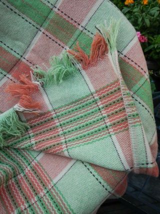Lovely Vintage Welsh Wool Blanket Throw Gwili Mill Green Pink Cream 88 " X 76 "