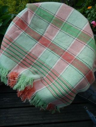 LOVELY VINTAGE WELSH WOOL BLANKET THROW GWILI MILL GREEN PINK CREAM 88 