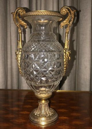 Antique French Small Cut Crystal Glass Vase With Bronze Mount 2