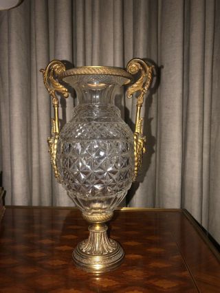 Antique French Small Cut Crystal Glass Vase With Bronze Mount 5
