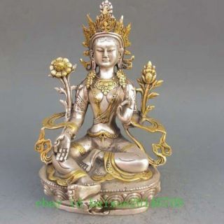 China Old Copper Plating Silver Buddhism Statue - - White Tara Buddha E02