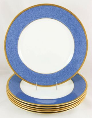 Set 6 Dinner Plates Wedgwood Fine Bone China Sponge Blue Gold Encrusted T.  Goode