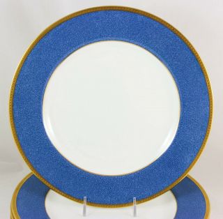 SET 6 DINNER PLATES WEDGWOOD FINE BONE CHINA SPONGE BLUE GOLD ENCRUSTED T.  GOODE 6