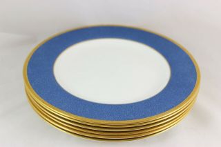 SET 6 DINNER PLATES WEDGWOOD FINE BONE CHINA SPONGE BLUE GOLD ENCRUSTED T.  GOODE 7