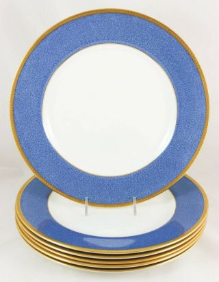 SET 6 DINNER PLATES WEDGWOOD FINE BONE CHINA SPONGE BLUE GOLD ENCRUSTED T.  GOODE 9