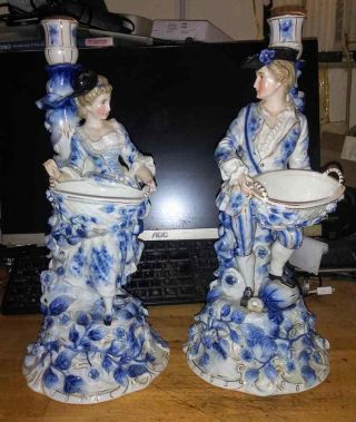 Vintage Huge German Porcelain Candlesticks Sitzendorf,  1884 - 1902.