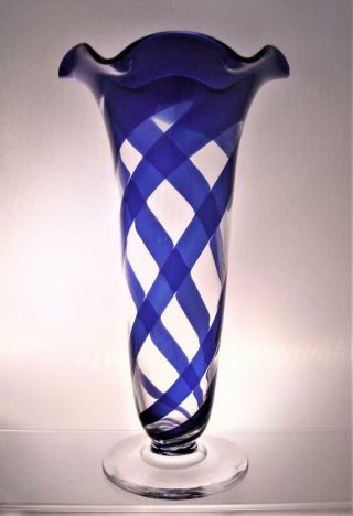 Pairpoint Glass Cobalt And Clear Ribbon Vase