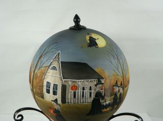 Halloween Globe Hand Painted Primitive Folk Art Witch Black Cat RJPE 2