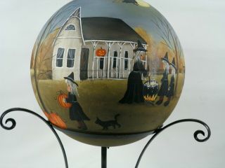 Halloween Globe Hand Painted Primitive Folk Art Witch Black Cat RJPE 3