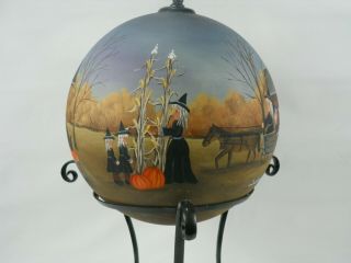 Halloween Globe Hand Painted Primitive Folk Art Witch Black Cat RJPE 5