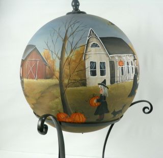 Halloween Globe Hand Painted Primitive Folk Art Witch Black Cat RJPE 8