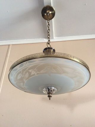 Vintage Mid Century Large Ceiling Light Chandelier Etched Frosted Glass 2 of 2 2