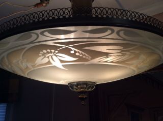 Vintage Mid Century Large Ceiling Light Chandelier Etched Frosted Glass 2 of 2 4