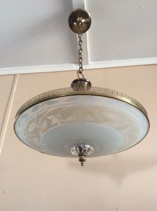 Vintage Mid Century Large Ceiling Light Chandelier Etched Frosted Glass 1 Of 2