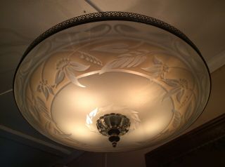 Vintage Mid Century Large Ceiling Light Chandelier Etched Frosted Glass 1 Of 2 7
